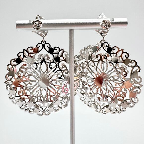 Vintage Puffy Filigree Openwork Earrings Silver Tone  Round Drop Dimensional 3D - Picture 2 of 13